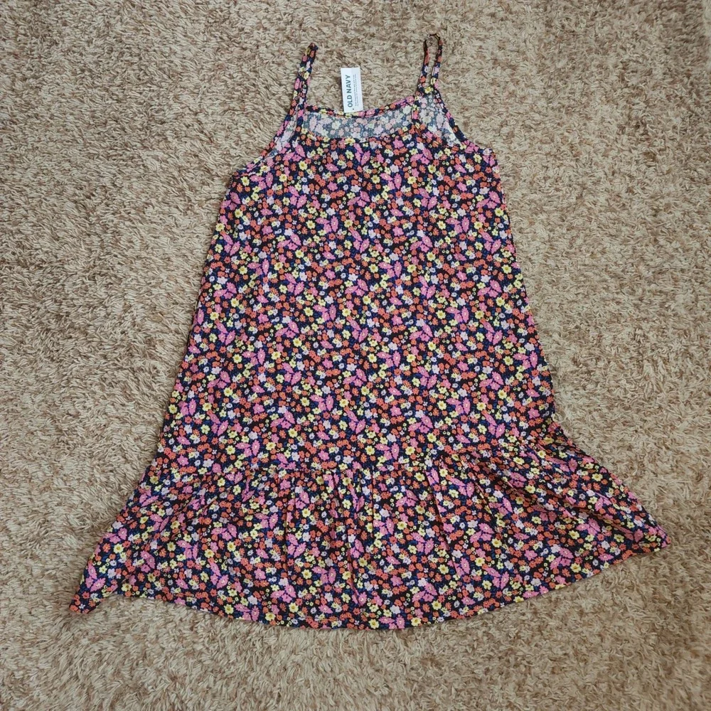 Old Navy Floral Swing Dress Girls XL 14-16 Navy Pink Ruffle Tiered Sleeveless